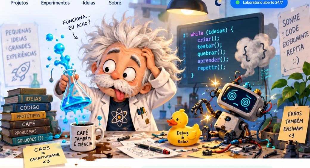 Cientista cartoon atrapalhado com experiências, robô e laboratório